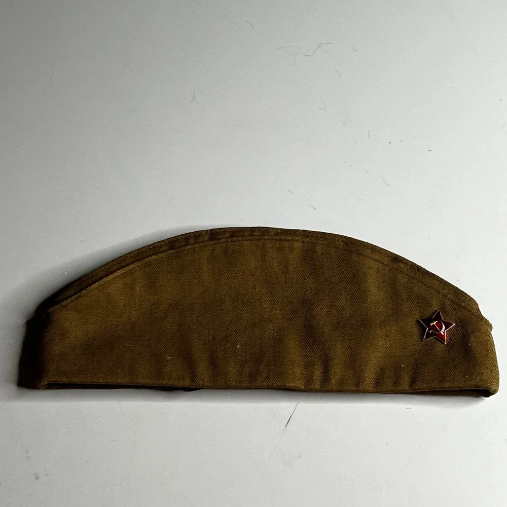 Vintage Soviet Army Pilotka Side Cap USSR Military Hat Red Star Pin Size 56